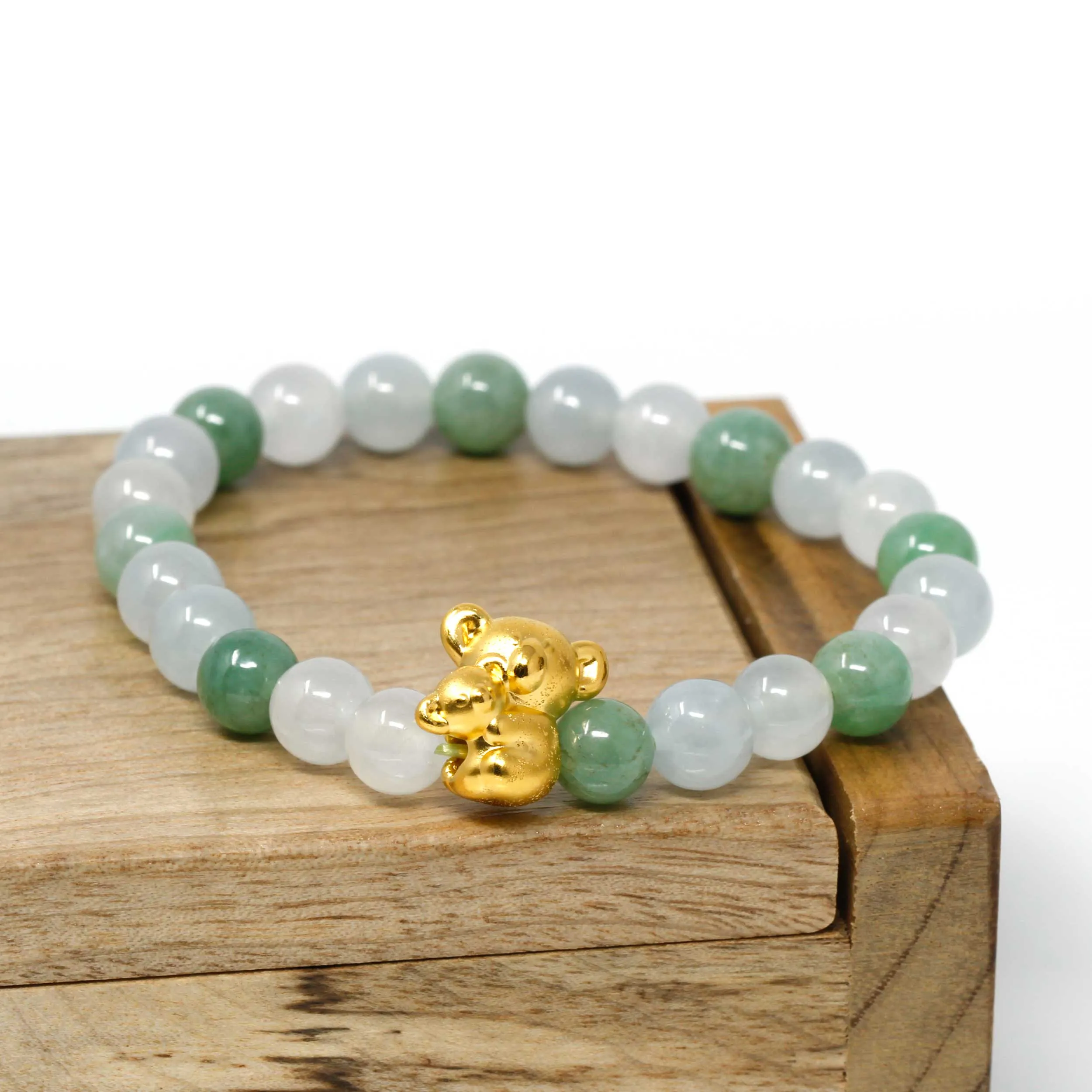 Genuine High-quality Jade Jadeite Bracelet Bangle with 24k Yellow Gold Koala Bear Charm #402