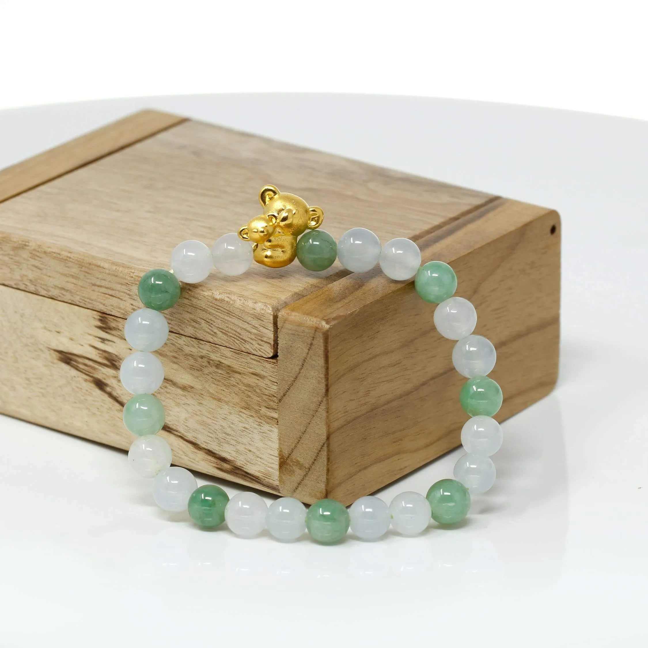 Genuine High-quality Jade Jadeite Bracelet Bangle with 24k Yellow Gold Koala Bear Charm #402