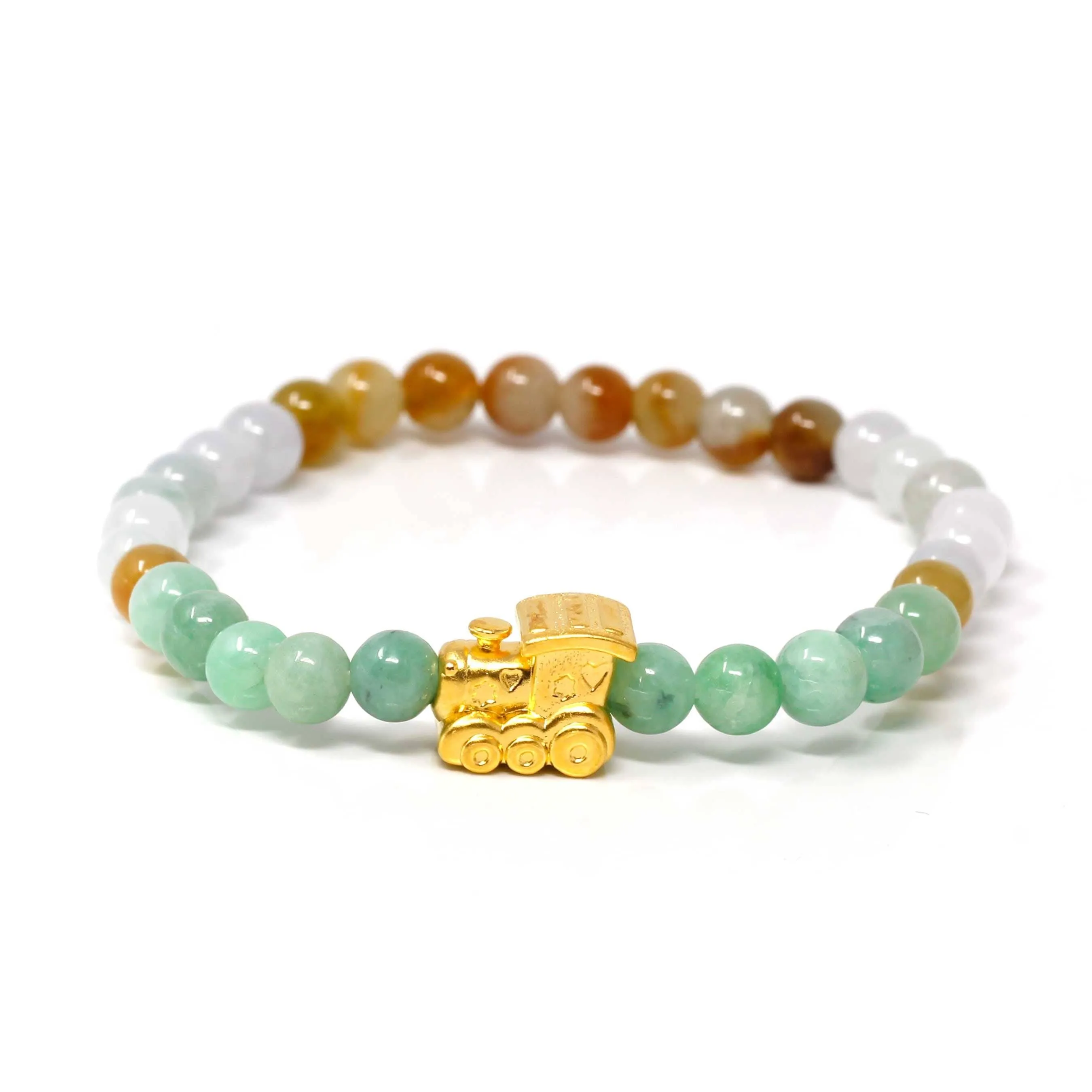 Genuine High-quality Jade Jadeite Bracelet Bangle with 24k Yellow Gold Train Engine Charm Colorful  #423