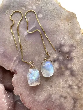 Gold Filled White Raw Crystal Rainbow Moonstone Threader Earrings