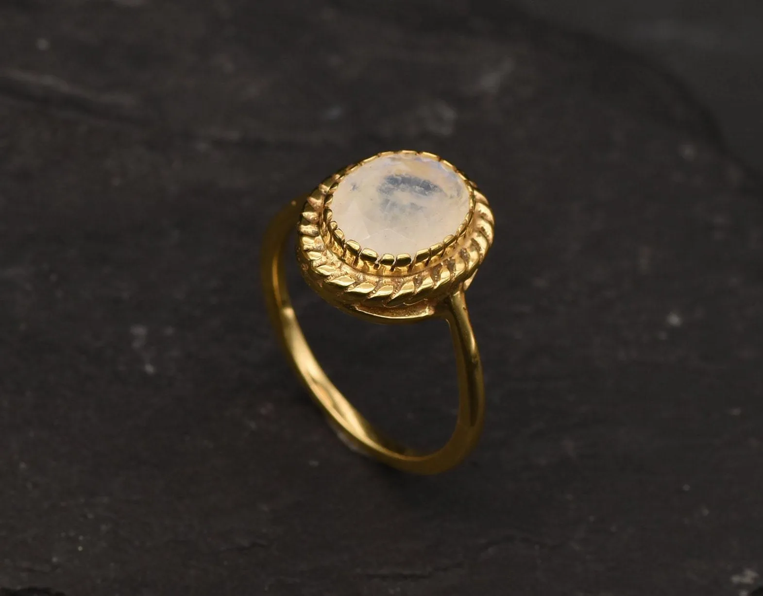 Gold Moonstone Ring - Rainbow Moonstone Ring - White Vintage Ring