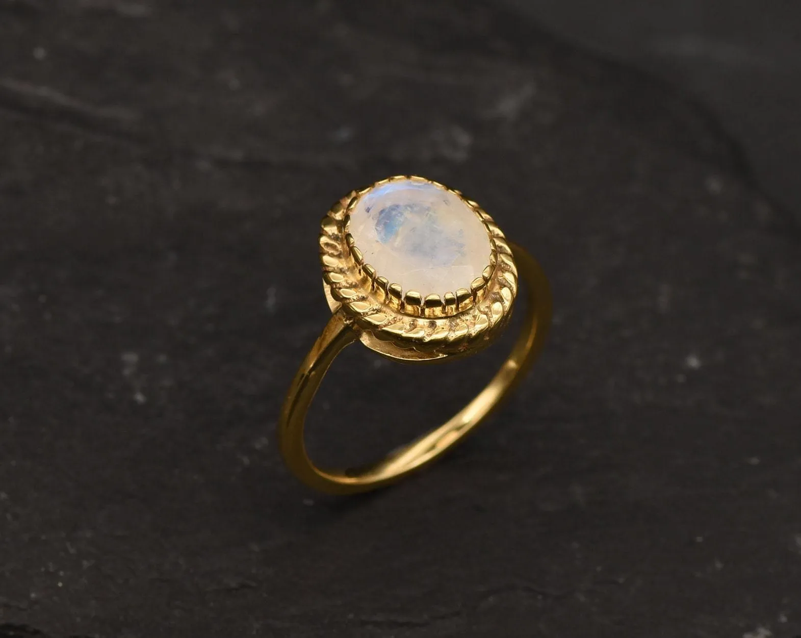 Gold Moonstone Ring - Rainbow Moonstone Ring - White Vintage Ring