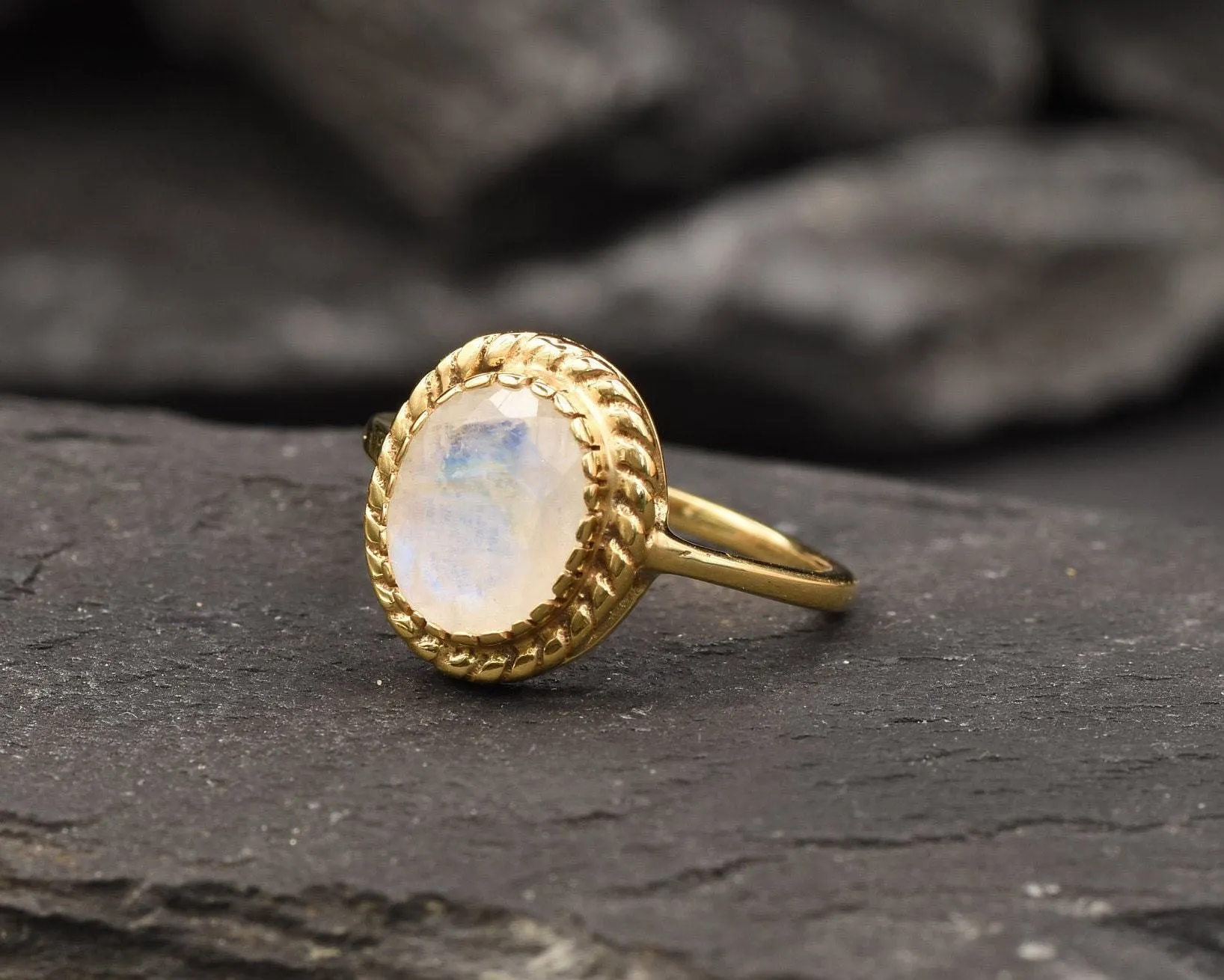 Gold Moonstone Ring - Rainbow Moonstone Ring - White Vintage Ring