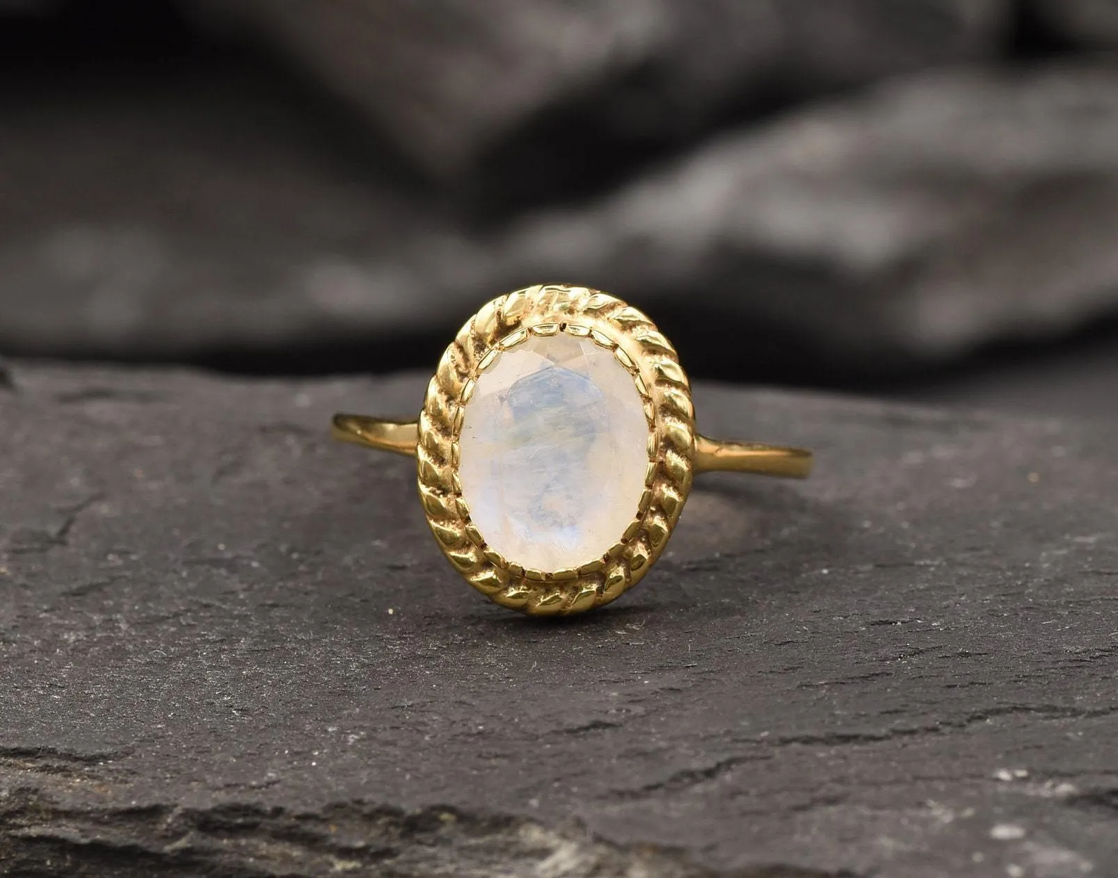 Gold Moonstone Ring - Rainbow Moonstone Ring - White Vintage Ring