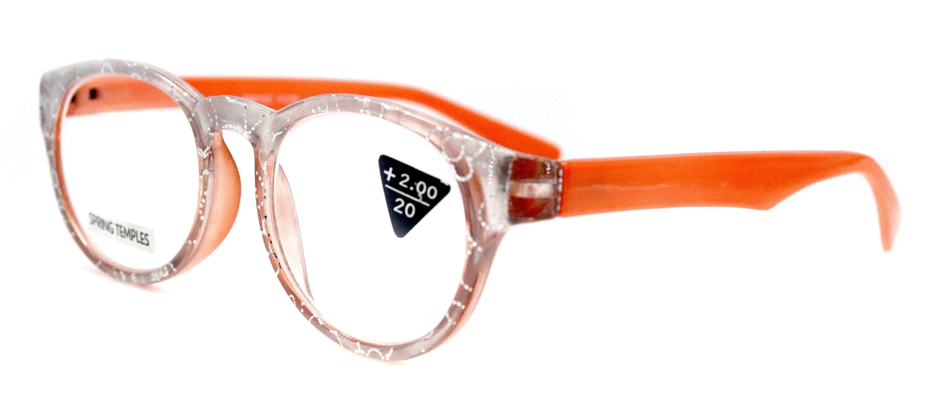 Grace, (Premium) Reading Glasses High End Readers  1.25 .. 3 Magnifying Glasses, Round Frame. (Metallic Silver, Orange) NY Fifth Avenue.