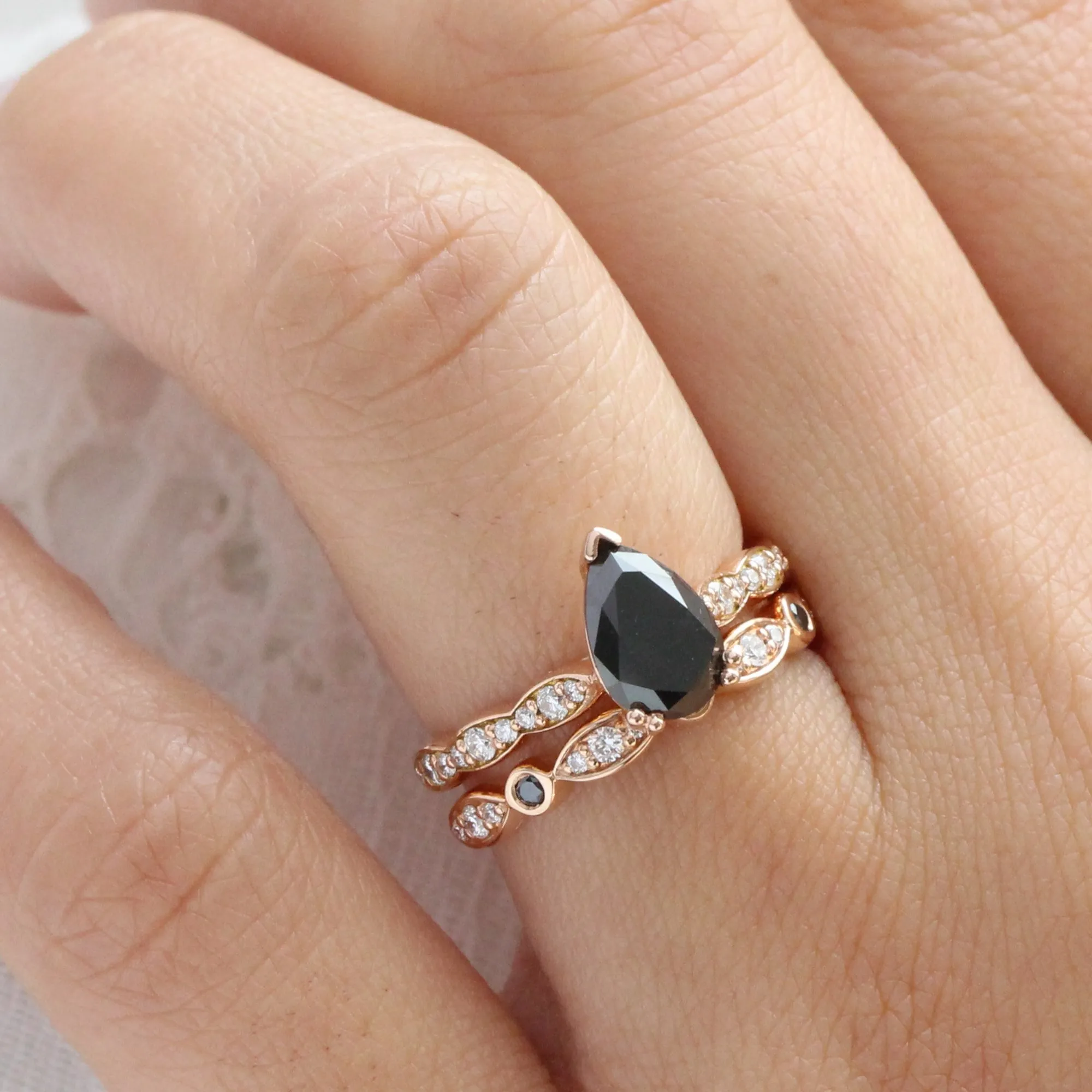 Grace Solitaire Black Diamond Ring Set w/ Pear Diamond and Bezel Wedding Band