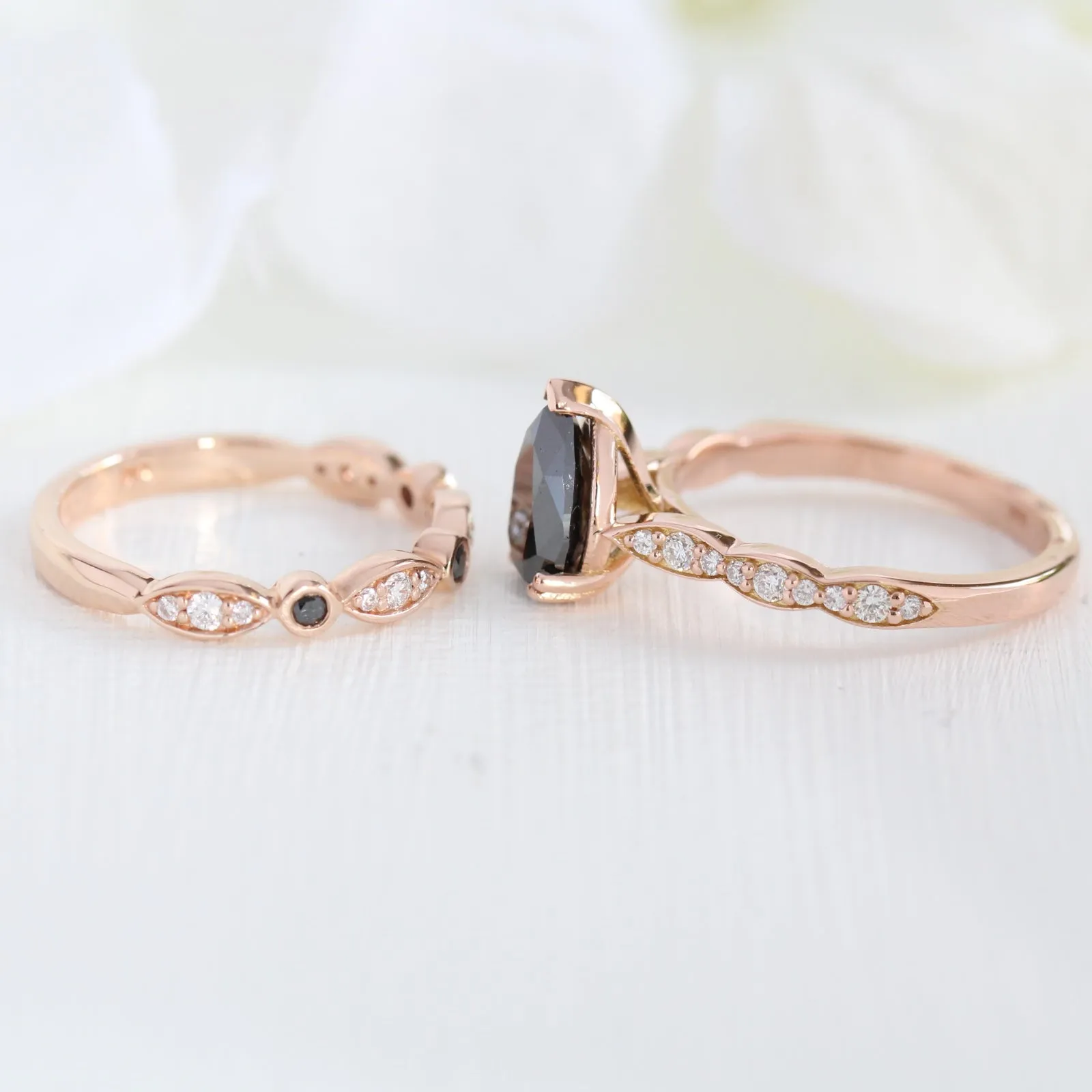 Grace Solitaire Black Diamond Ring Set w/ Pear Diamond and Bezel Wedding Band