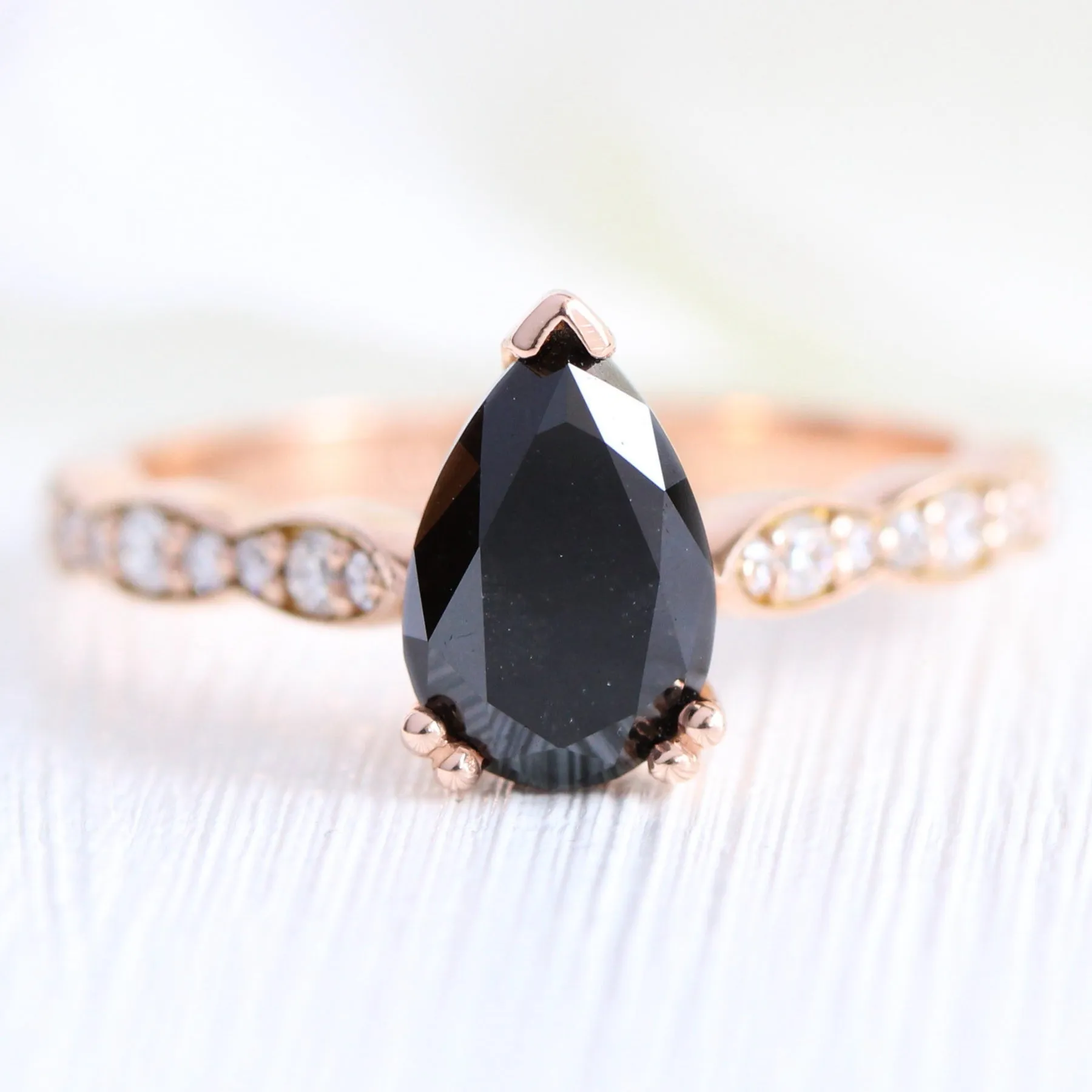 Grace Solitaire Black Diamond Ring Set w/ Pear Diamond and Bezel Wedding Band