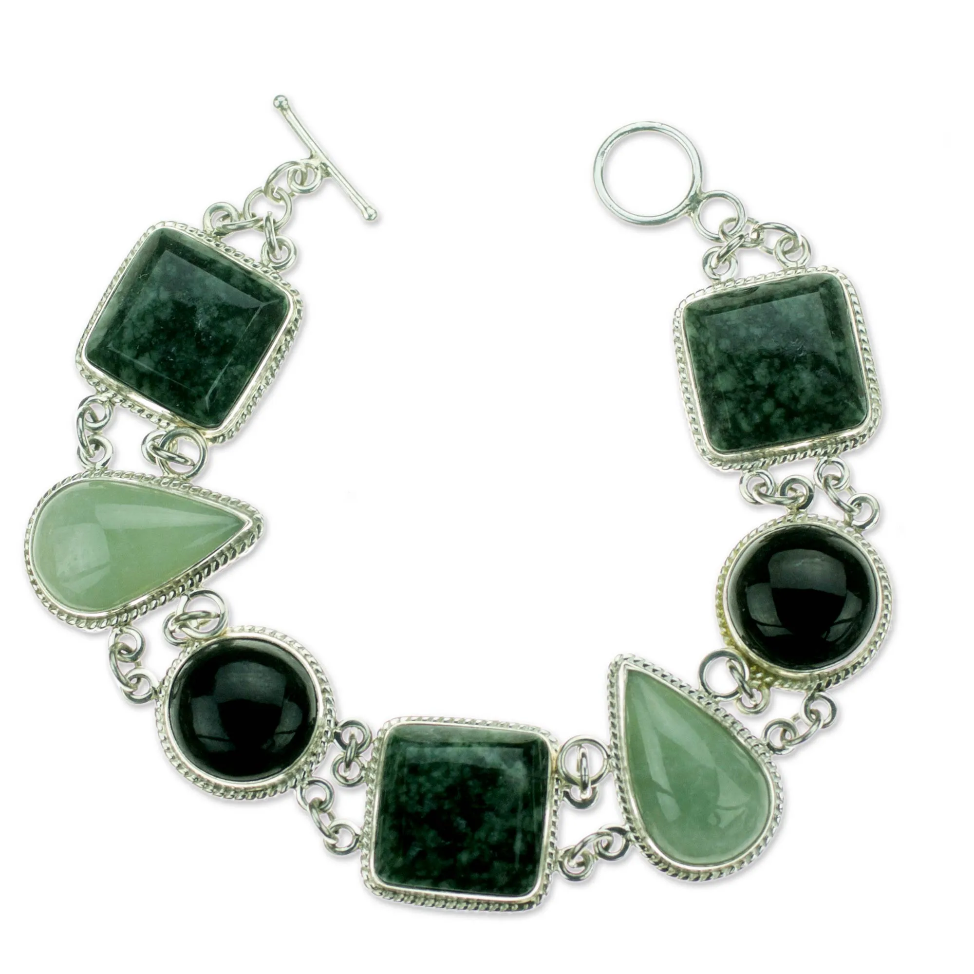 Green and Black Jade on Sterling Silver Bracelet - Natural Geometry | NOVICA