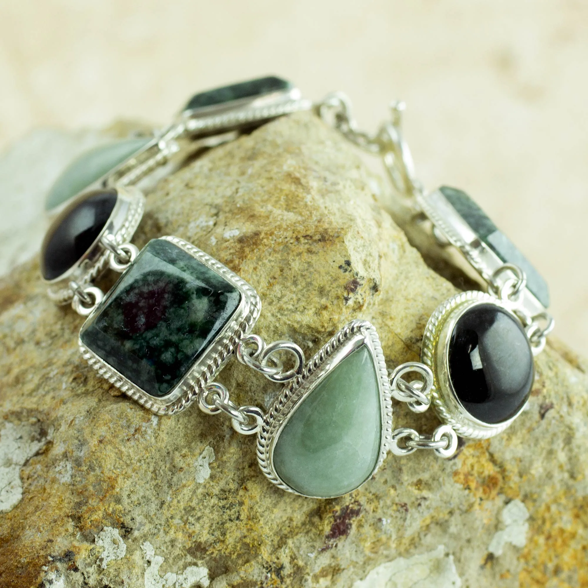 Green and Black Jade on Sterling Silver Bracelet - Natural Geometry | NOVICA