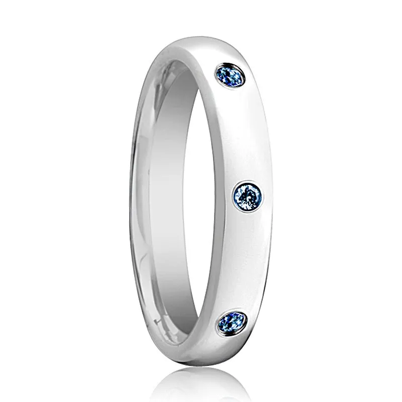 HALIA | Womens Tungsten Ring, 3 Blue Sapphires, Domed