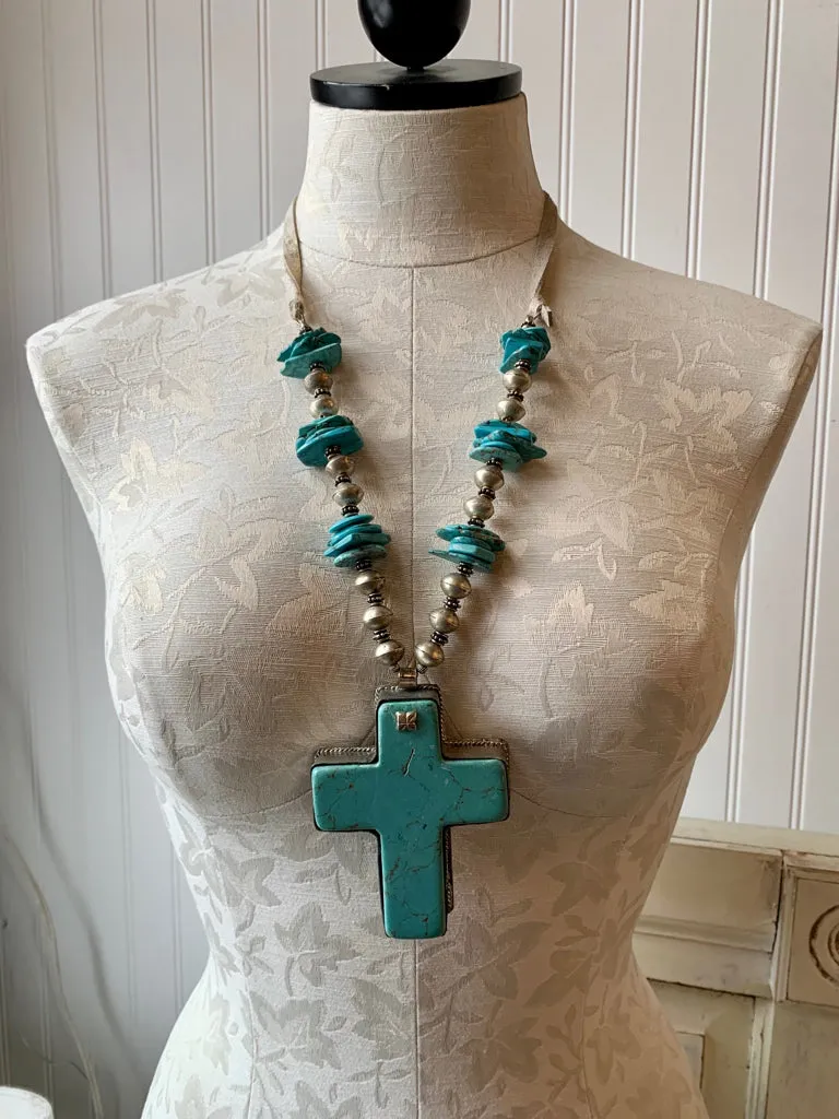 Handmade Large Turquoise Vintage Beaded Cross Necklace