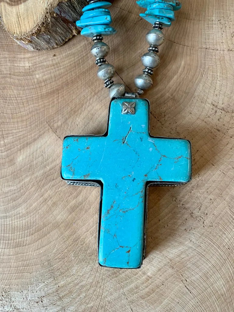 Handmade Large Turquoise Vintage Beaded Cross Necklace