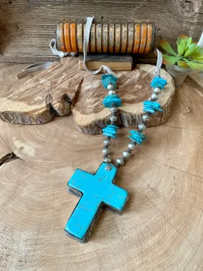 Handmade Large Turquoise Vintage Beaded Cross Necklace