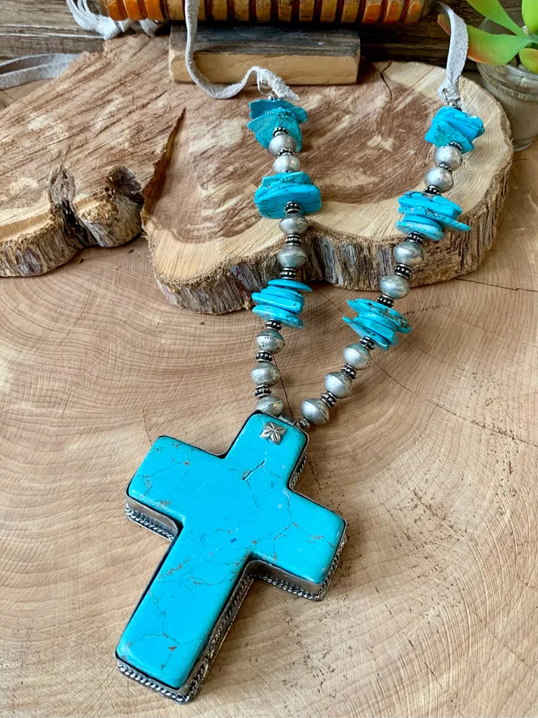 Handmade Large Turquoise Vintage Beaded Cross Necklace