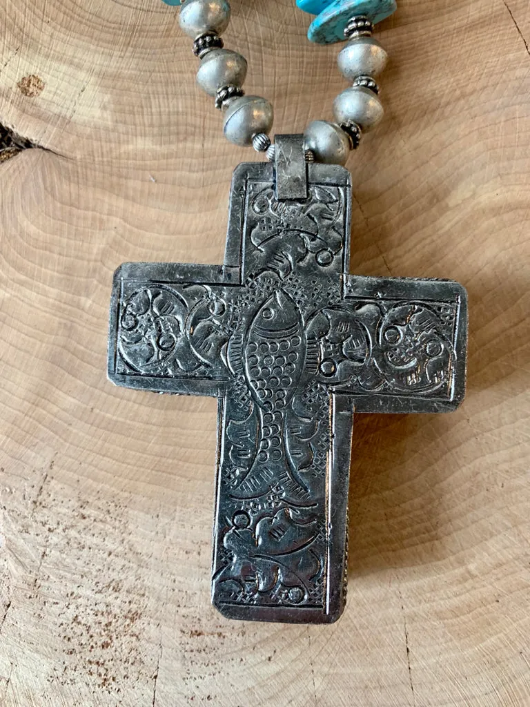 Handmade Large Turquoise Vintage Beaded Cross Necklace