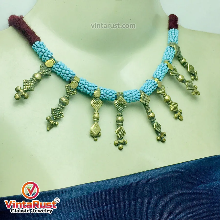 Handmade Tribal Metal Spikes Necklace With Turquoise Beads