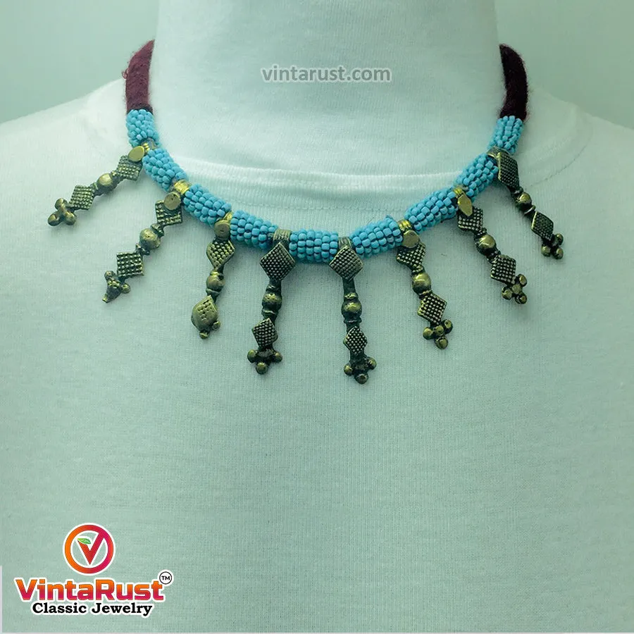 Handmade Tribal Metal Spikes Necklace With Turquoise Beads