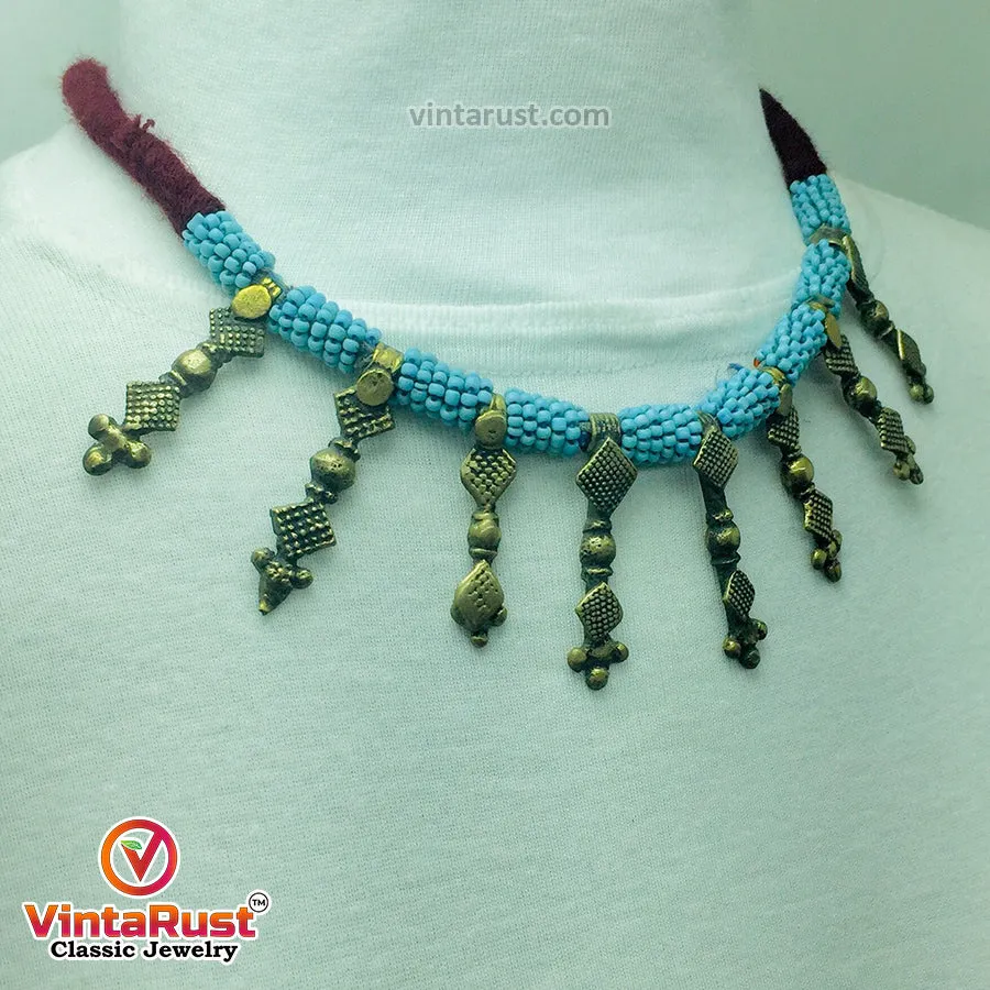 Handmade Tribal Metal Spikes Necklace With Turquoise Beads