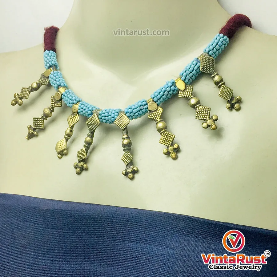 Handmade Tribal Metal Spikes Necklace With Turquoise Beads