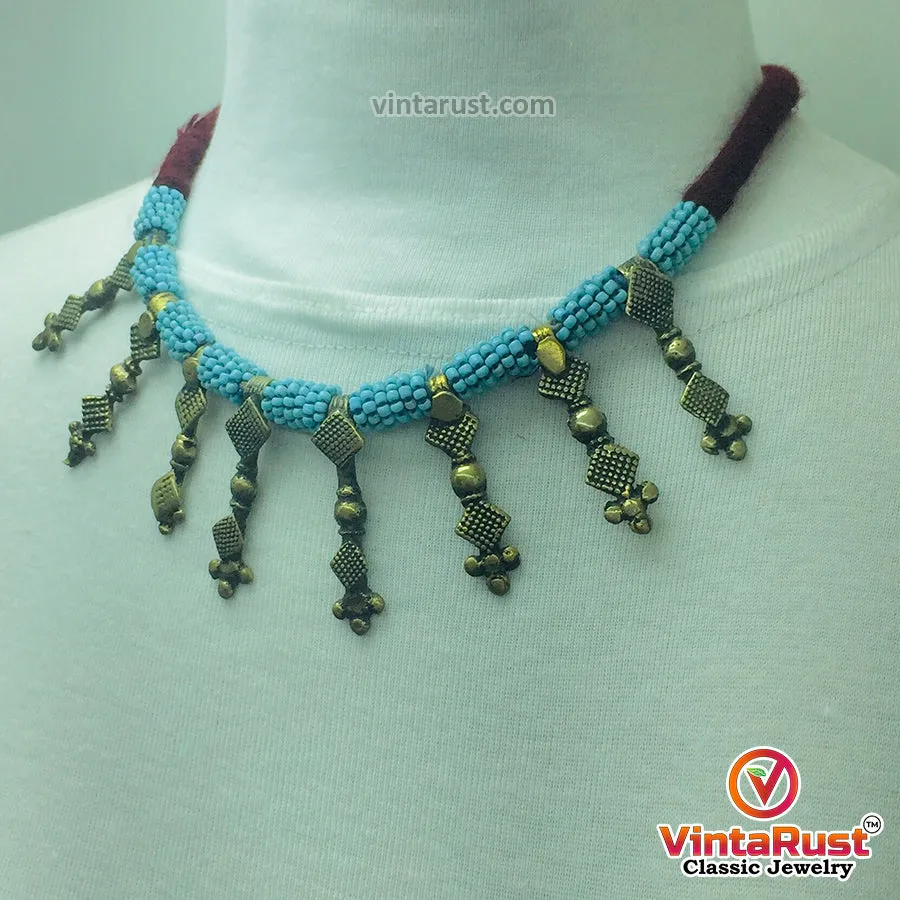 Handmade Tribal Metal Spikes Necklace With Turquoise Beads