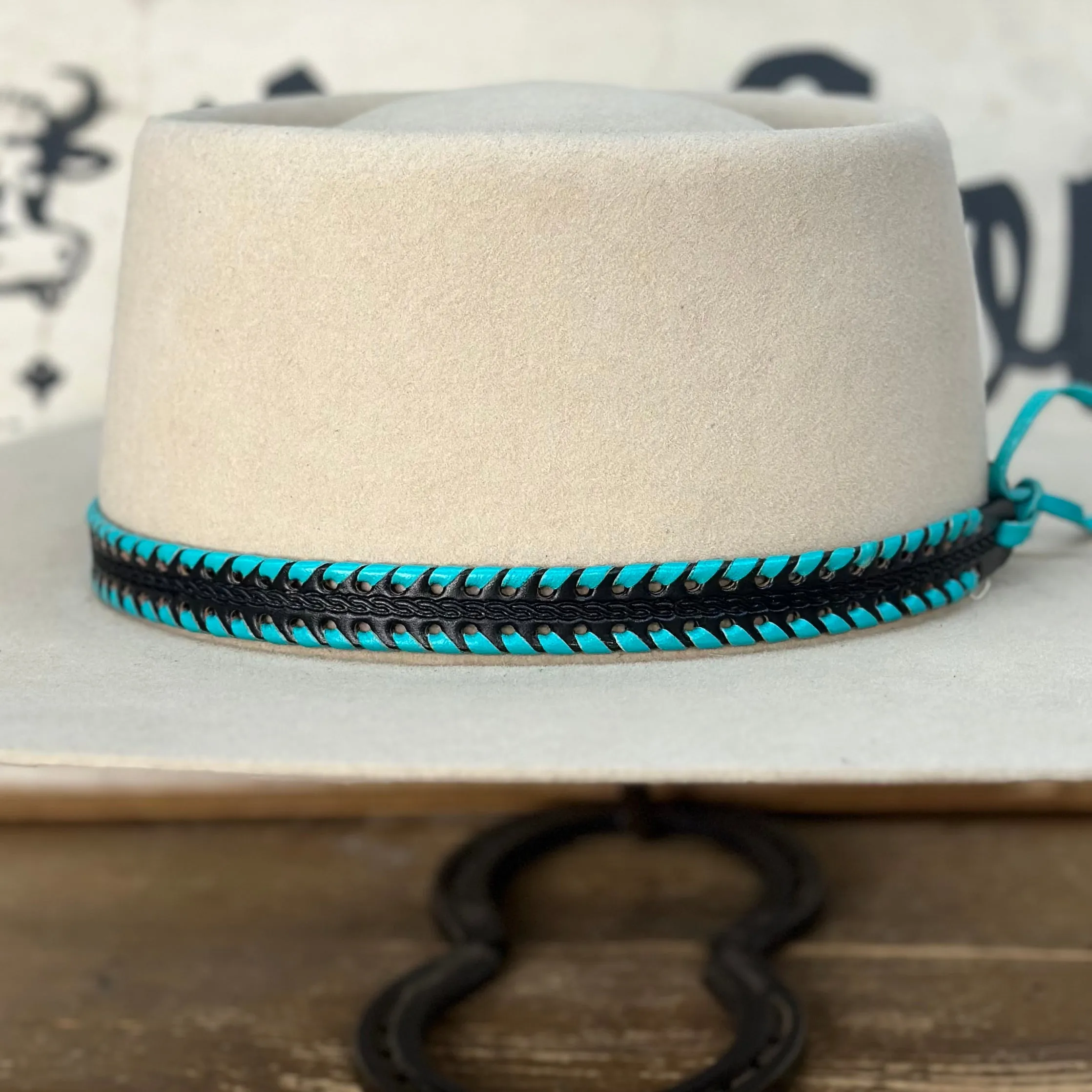 Hatband HB76-5 | 3/4" Black Leather w/ Turquoise Whipstitch