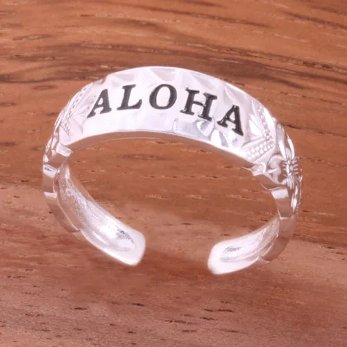 Hawaiian Scroll Black Enamel ALOHA Cut Out Edge Toe Ring