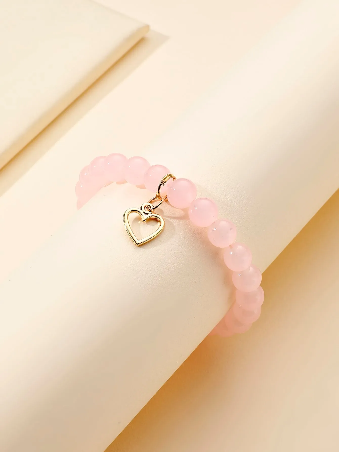 Heart Charm Pink Beaded Bracelet Bead-string Bracelet Jewelry Accessory for