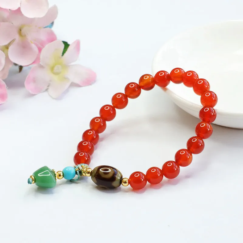 Heavenly Bead Sterling Silver Red Agate and Jade Yuanbao Tassel Bracelet