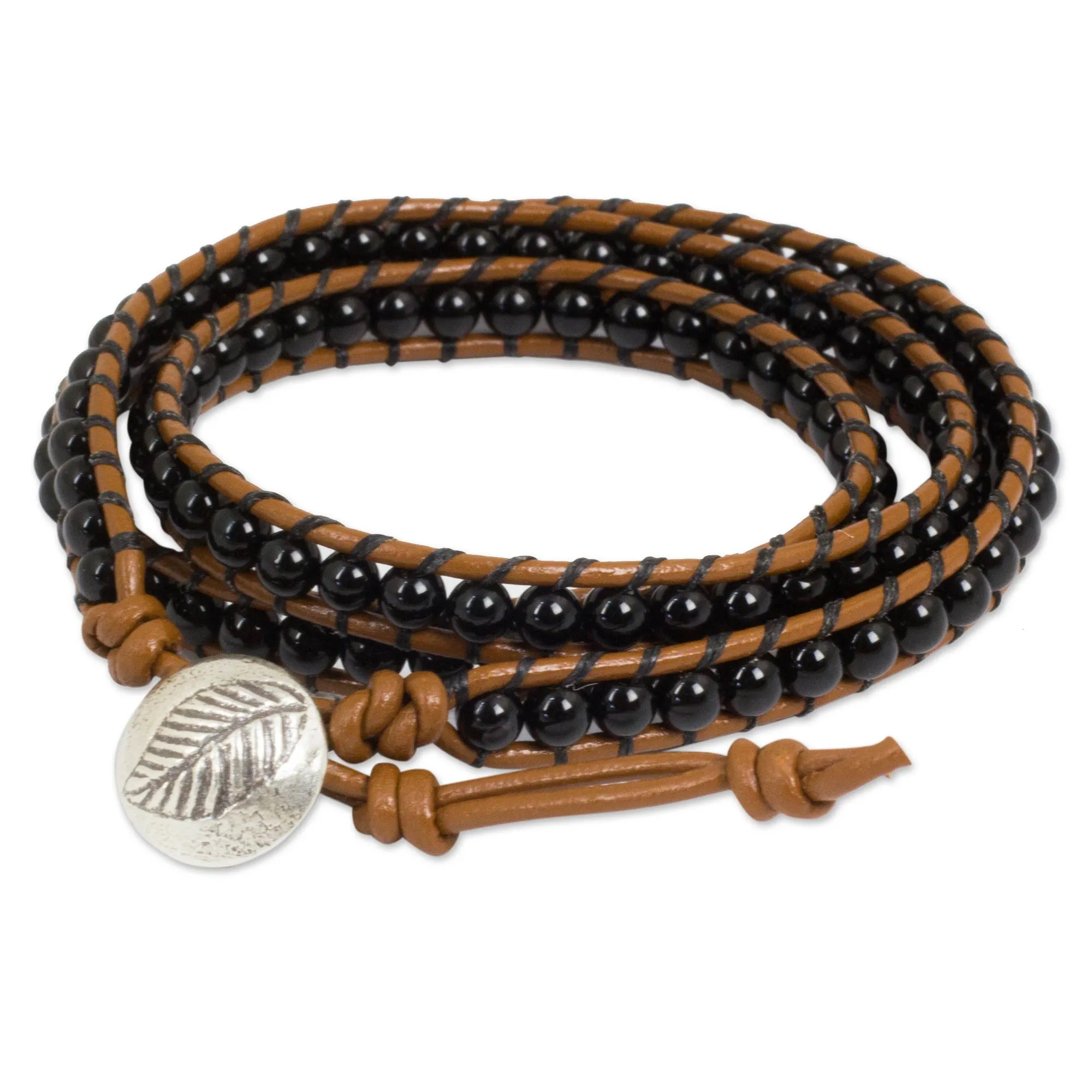 Hill Tribe Silver and Onyx on Handmade Leather Wrap Bracelet - Leaf Fossil | NOVICA