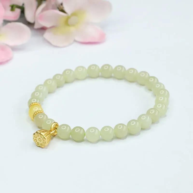 Honey Wax Lotus Seedpod Jade Bracelet with Sterling Silver Sailor String