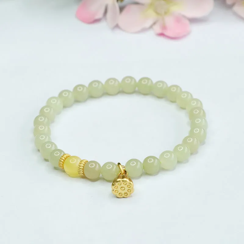 Honey Wax Lotus Seedpod Jade Bracelet with Sterling Silver Sailor String