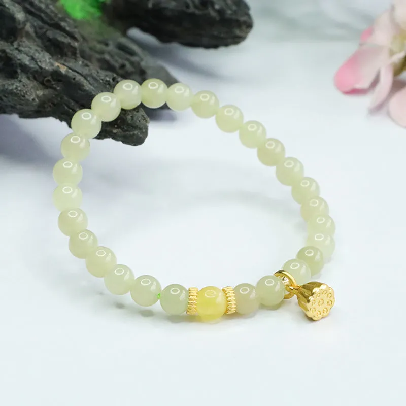 Honey Wax Lotus Seedpod Jade Bracelet with Sterling Silver Sailor String