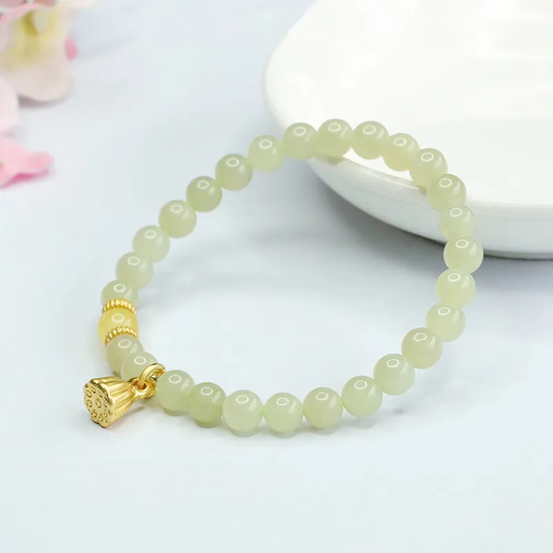 Honey Wax Lotus Seedpod Jade Bracelet with Sterling Silver Sailor String