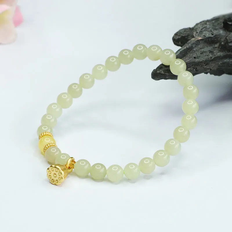 Honey Wax Lotus Seedpod Jade Bracelet with Sterling Silver Sailor String