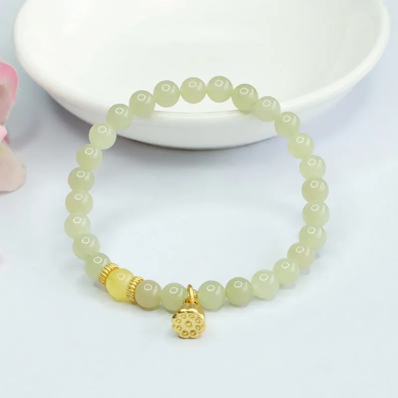 Honey Wax Lotus Seedpod Jade Bracelet with Sterling Silver Sailor String