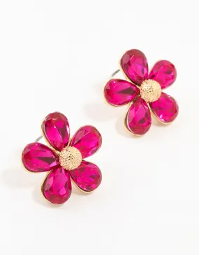 Hot Pink Gold Stapled Diamante Flower Stud Earrings