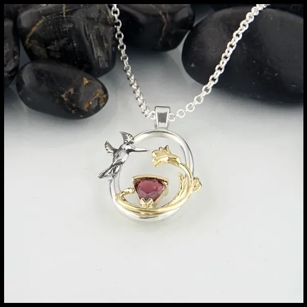 Hummingbird and Raspberry Tourmaline Pendant