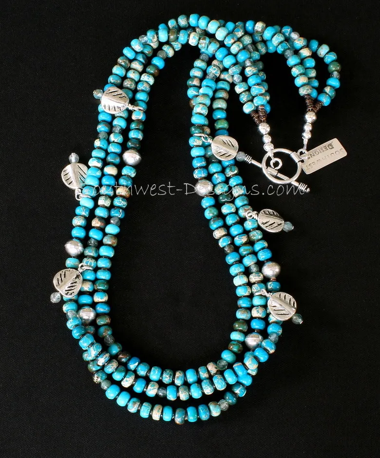 Imperial Jasper 3-Strand Necklace with Sterling Silver Leaf Charms, Olive Shell Heishi, and Sterling Silver Beads and Toggle Clasp