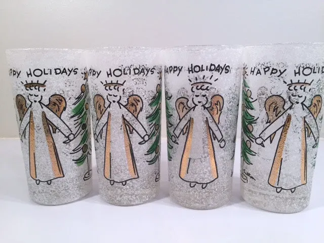 John Sutton - Signed Mid-Century Angel and Christmas Tree Flocked Glasses (Set of 4)