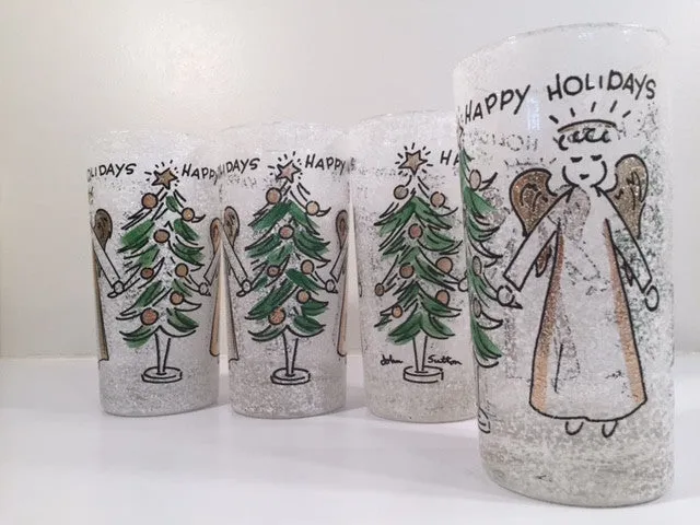 John Sutton - Signed Mid-Century Angel and Christmas Tree Flocked Glasses (Set of 4)