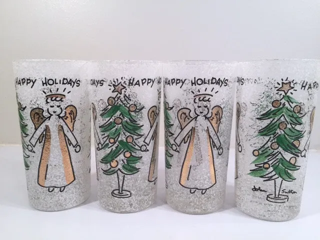 John Sutton - Signed Mid-Century Angel and Christmas Tree Flocked Glasses (Set of 4)