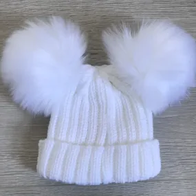 Kinder Faux Fur Double Pompom Ribbed Hat White