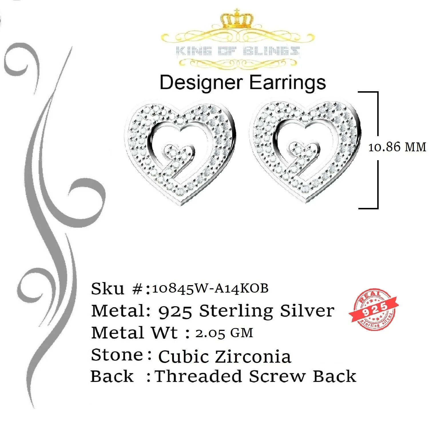 King of Blings- 1.26ct Cubic Zirconia 925 White Sterling Silver Women's Hip Hop Heart Earrings