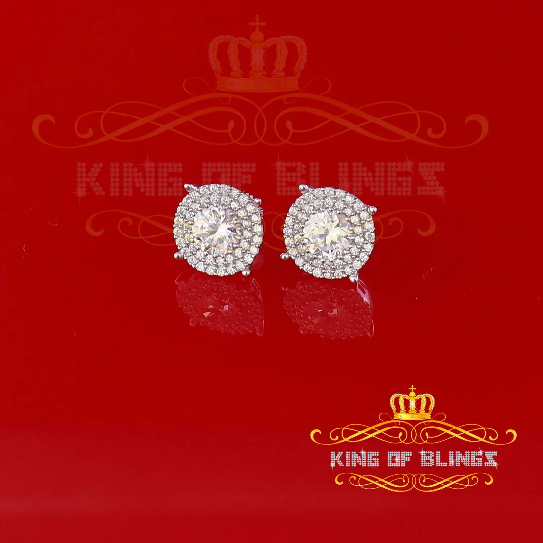 King of Blings- 925 White Sterling Silver 1.07ct Cubic Zirconia Women's Hip Hop Rounds Earrings