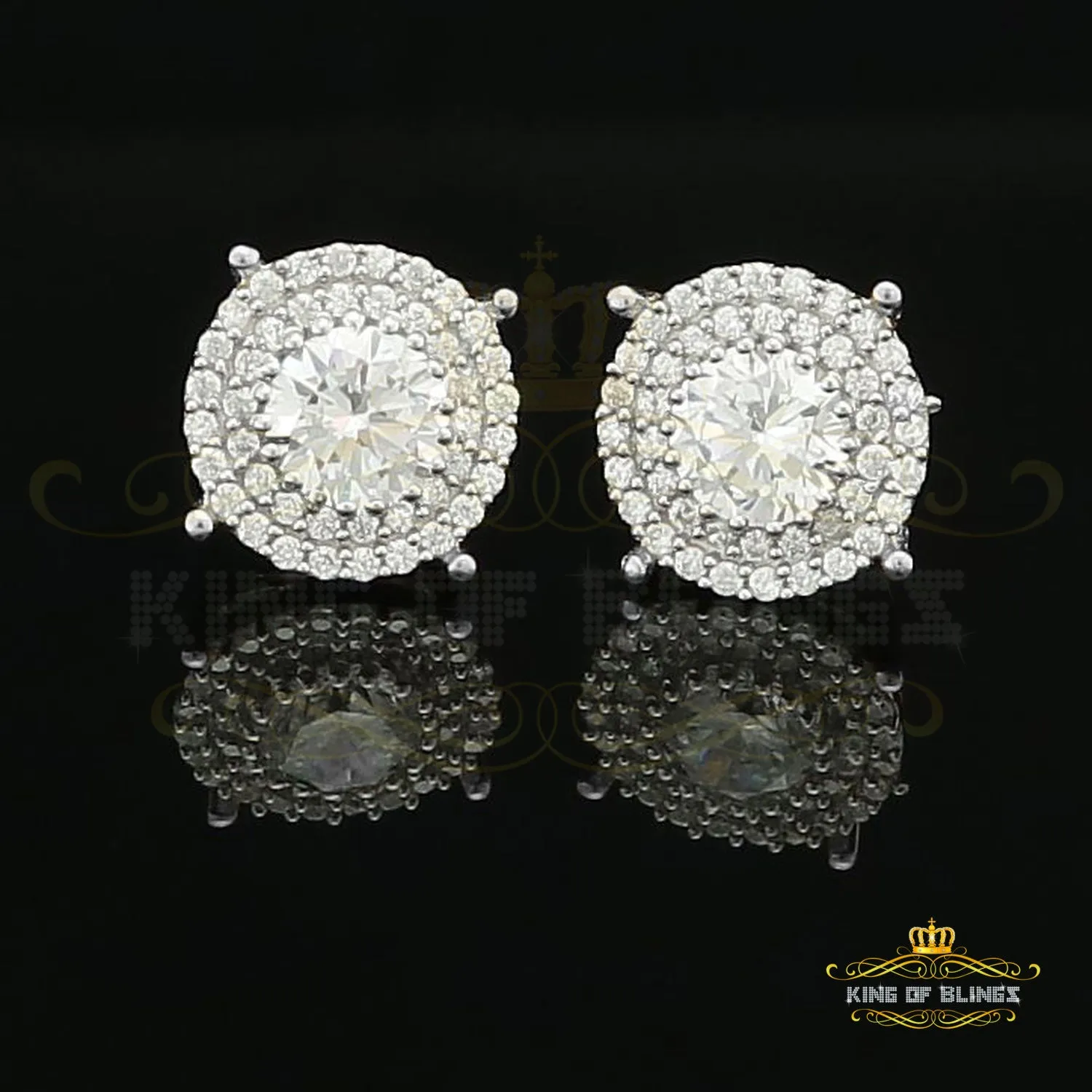 King of Blings- 925 White Sterling Silver 1.07ct Cubic Zirconia Women's Hip Hop Rounds Earrings