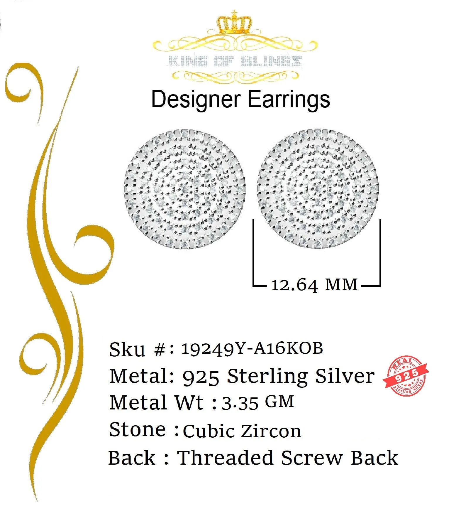 King of Bling's Aretes Para Hombre 925 Yellow Silver 2.44ct Cubic Zirconia Round Women's Earring