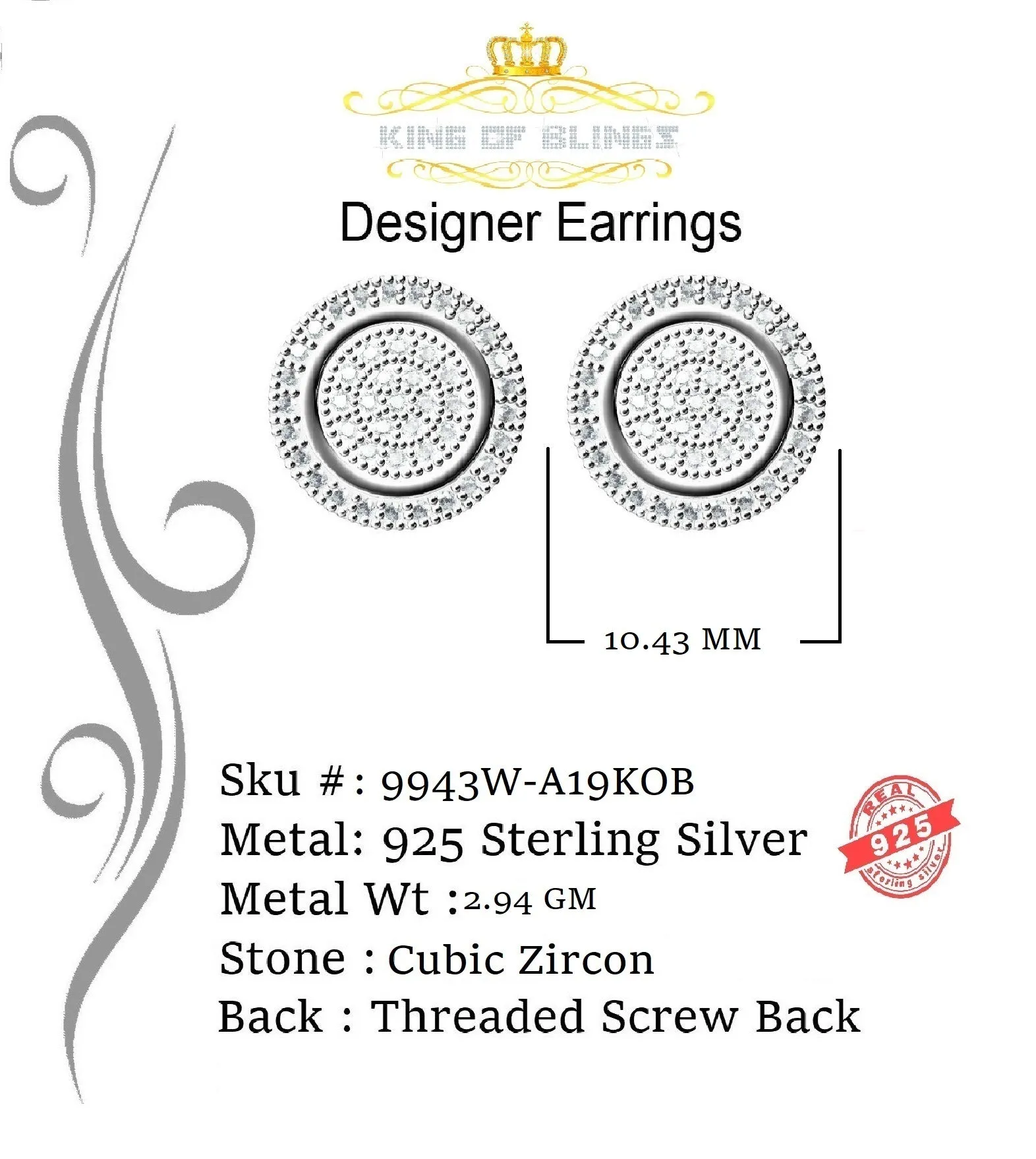 King of Blings- Elegant White 925 Silver Screw Back 0.69ct Cubic Zirconia Round Womens Earrings