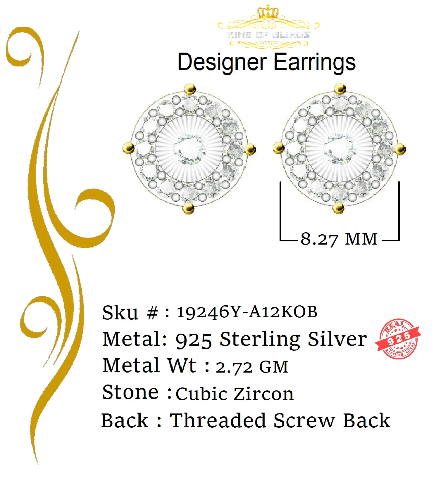 King of Bling's Yellow Silver 1.12ct Cubic Zirconia 925 Women's & Men's Hip Hop Square Earrings