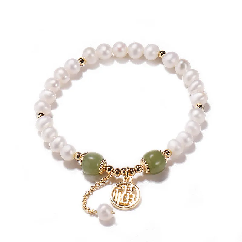 Korean Style Sterling Silver Bracelet with Freshwater Pearl and Jade